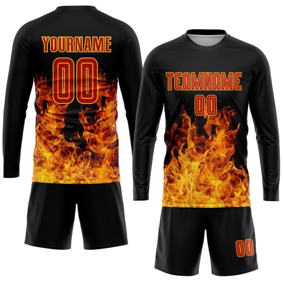 Uniformtrikot Schwarz Rot-Gold Benutzerdefinierte Fußball Flamme Sublimation Uniformtrikot Schwarz Rot-Gold Benutzerdefinierte Fußball Flamme Sublimation