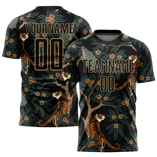 Fußball Sublimation Uniform Custom Tiger Pfau Schwarz Gold Alte Jersey Und