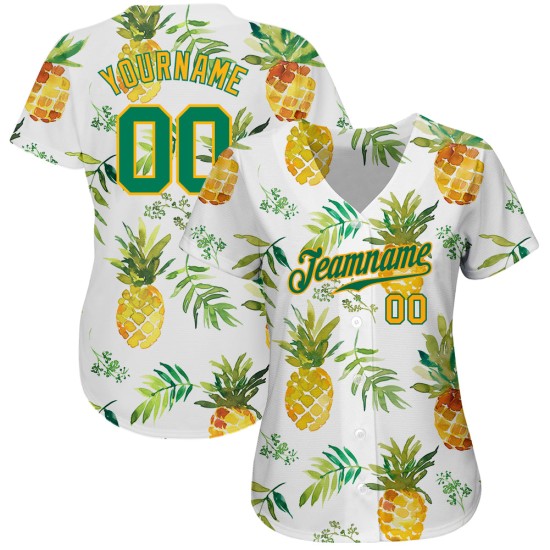 Weißes Hawaii-Ananas-Design, authentisches Kelly-Grün-Gold-Baseball-Trikot, benutzerdefiniertes 3D-Muster Weißes Hawaii-Ananas-Design, authentisches Kelly-Grün-Gold-Baseball-Trikot, benutzerdefiniertes 3D-Muster