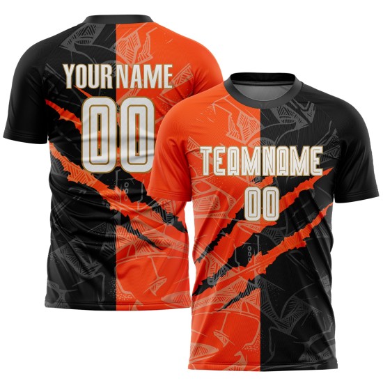 Fußball Schwarz Gold Jersey Muster Weiß Graffiti Orange-Alt Sublimation Scratch Custom Uniform