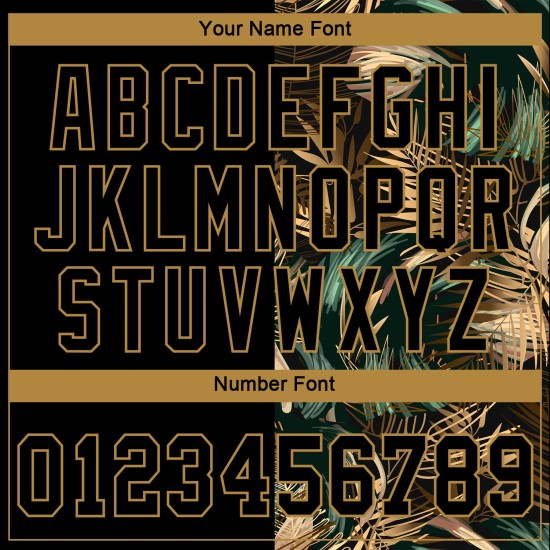 Im authentischen, benutzerdefinierten tropischen Baseball-Design im Dschungel-Hawaii-Stil. Das Trikot hat grüne Blätter und ein goldenes 3D-Muster. Im authentischen, benutzerdefinierten tropischen Baseball-Design im Dschungel-Hawaii-Stil. Das Trikot hat grüne Blätter und ein goldenes 3D-Muster.