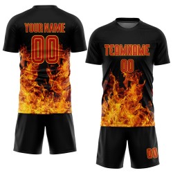 Uniformtrikot Schwarz Rot-Gold Benutzerdefinierte Fußball Flamme Sublimation