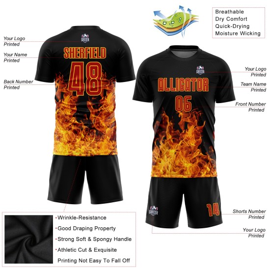 Uniformtrikot Schwarz Rot-Gold Benutzerdefinierte Fußball Flamme Sublimation Uniformtrikot Schwarz Rot-Gold Benutzerdefinierte Fußball Flamme Sublimation