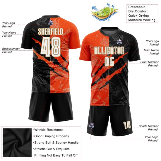 Fußball Schwarz Gold Jersey Muster Weiß Graffiti Orange-Alt Sublimation Scratch Custom Uniform