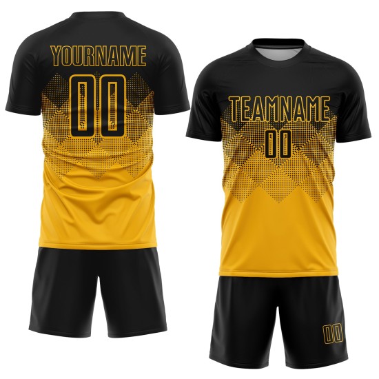 Schwarzes, benutzerdefiniertes Fußballtrikot mit Sublimationsdruck in Gold