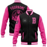 Benutzerdefinierte Full-Snap Pink-Weiß Varsity Zwei Letterman Tone Schwarze Bomberjacke Benutzerdefinierte Full-Snap Pink-Weiß Varsity Zwei Letterman Tone Schwarze Bomberjacke