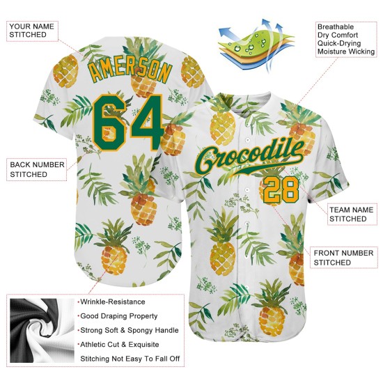 Weißes Hawaii-Ananas-Design, authentisches Kelly-Grün-Gold-Baseball-Trikot, benutzerdefiniertes 3D-Muster Weißes Hawaii-Ananas-Design, authentisches Kelly-Grün-Gold-Baseball-Trikot, benutzerdefiniertes 3D-Muster