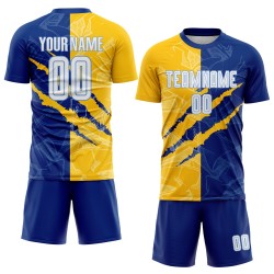Sublimation Royal Graffiti Muster Blau Uniform Fußball Weiß Gelb-Licht Custom Scratch Jersey Sublimation Royal Graffiti Muster Blau Uniform Fußball Weiß Gelb-Licht Custom Scratch Jersey