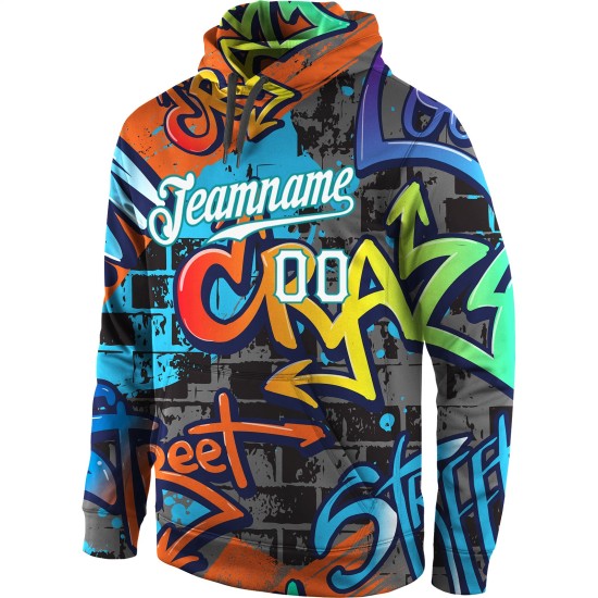 Hoodie Weiß-Aqua Muster Sweatshirt 3D Graffiti Custom Sports Stitched Pullover