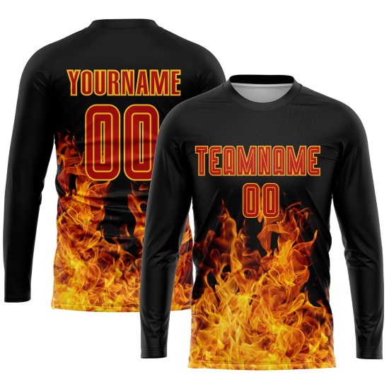 Uniformtrikot Schwarz Rot-Gold Benutzerdefinierte Fußball Flamme Sublimation Uniformtrikot Schwarz Rot-Gold Benutzerdefinierte Fußball Flamme Sublimation