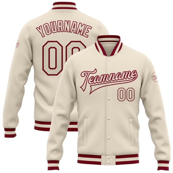 Cremefarbene, kastanienbraune Letterman-Jacke mit durchgehendem Druckknopfverschluss, individuell anpassbar, Bomberjacke, Varsity Cremefarbene, kastanienbraune Letterman-Jacke mit durchgehendem Druckknopfverschluss, individuell anpassbar, Bomberjacke, Varsity
