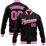 Letterman Bomberjacke mit durchgehendem Druckknopf, Varsity Pink-Weiß, Custom Black Letterman Bomberjacke mit durchgehendem Druckknopf, Varsity Pink-Weiß, Custom Black