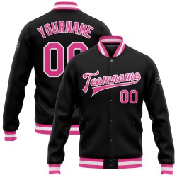 Letterman Bomberjacke mit durchgehendem Druckknopf, Varsity Pink-Weiß, Custom Black