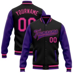Letterman-Jacke mit durchgehendem Druckknopfverschluss, rosa-lila, individuell gestaltet, schwarz, Varsity Two
