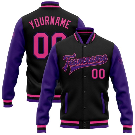 Letterman-Jacke mit durchgehendem Druckknopfverschluss, rosa-lila, individuell gestaltet, schwarz, Varsity Two Letterman-Jacke mit durchgehendem Druckknopfverschluss, rosa-lila, individuell gestaltet, schwarz, Varsity Two