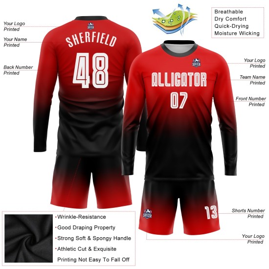 Jersey Uniform Weiß-Schwarz Lange Rot Fashion Sleeve Custom Fußball Fade Sublimation