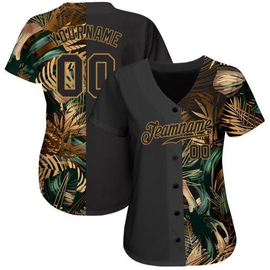 Im authentischen, benutzerdefinierten tropischen Baseball-Design im Dschungel-Hawaii-Stil. Das Trikot hat grüne Blätter und ein goldenes 3D-Muster. Im authentischen, benutzerdefinierten tropischen Baseball-Design im Dschungel-Hawaii-Stil. Das Trikot hat grüne Blätter und ein goldenes 3D-Muster.