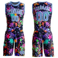 Benutzerdefinierte blau-weiß Basketball Muster Hals Licht rund Graffiti Sublimation Jersey Anzug