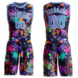 Benutzerdefinierte blau-weiß Basketball Muster Hals Licht rund Graffiti Sublimation Jersey Anzug