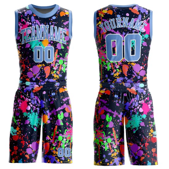 Benutzerdefinierte blau-weiß Basketball Muster Hals Licht rund Graffiti Sublimation Jersey Anzug Benutzerdefinierte blau-weiß Basketball Muster Hals Licht rund Graffiti Sublimation Jersey Anzug