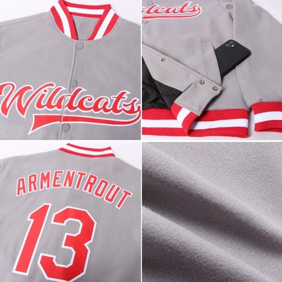 Letterman Grau Bomber Varsity Full-Snap Jacke Rot-Weiß Custom Letterman Grau Bomber Varsity Full-Snap Jacke Rot-Weiß Custom