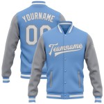 Letterman Custom Weiß-Grau Bomber Varsity Zweifarbige Hellblaue Full-Snap Jacke Letterman Custom Weiß-Grau Bomber Varsity Zweifarbige Hellblaue Full-Snap Jacke
