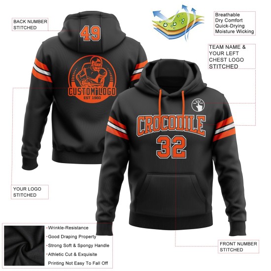 Orange-Weiß Custom Pullover genäht Fußball Hoodie schwarzes Sweatshirt
