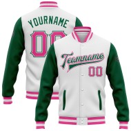 Full-Snap Pink-Kelly Jacke Grün Varsity Custom Zwei Weißtöne Bomber Letterman