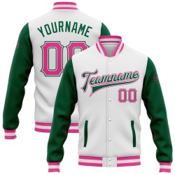 Full-Snap Pink-Kelly Jacke Grün Varsity Custom Zwei Weißtöne Bomber Letterman