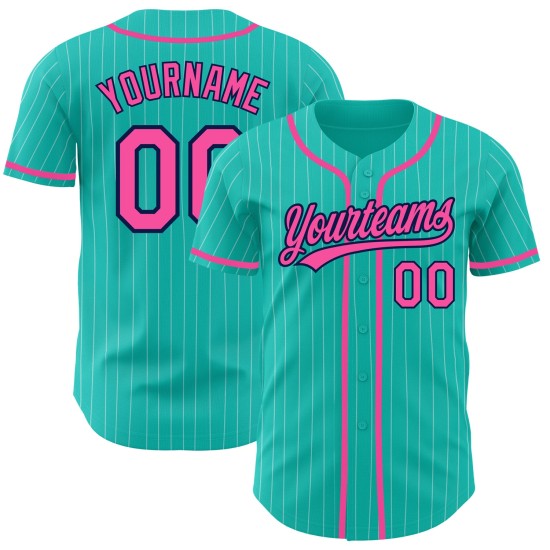 Nadelstreifen Baseball Weiß Authentic Custom Pink-Navy Aqua Jersey