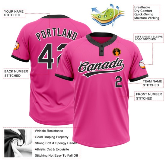 Benutzerdefinierte rosa schwarz-weiß Softball Zwei-Knopf Unisex Jersey Benutzerdefinierte rosa schwarz-weiß Softball Zwei-Knopf Unisex Jersey