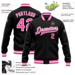 Letterman Bomberjacke mit durchgehendem Druckknopf, Varsity Pink-Weiß, Custom Black Letterman Bomberjacke mit durchgehendem Druckknopf, Varsity Pink-Weiß, Custom Black