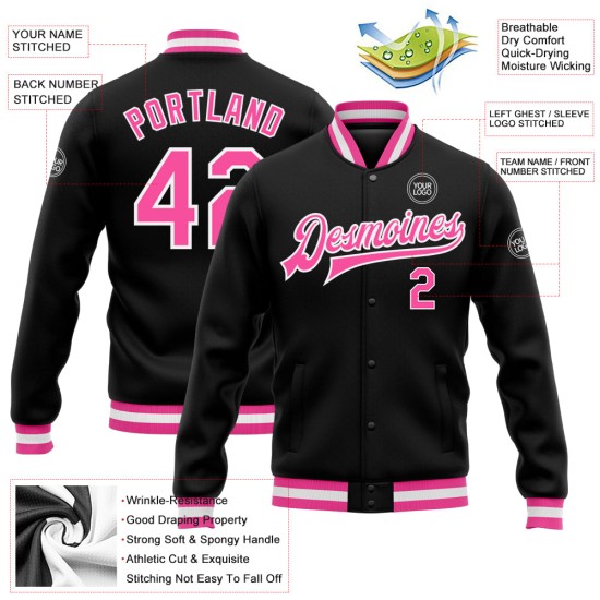 Letterman Bomberjacke mit durchgehendem Druckknopf, Varsity Pink-Weiß, Custom Black Letterman Bomberjacke mit durchgehendem Druckknopf, Varsity Pink-Weiß, Custom Black