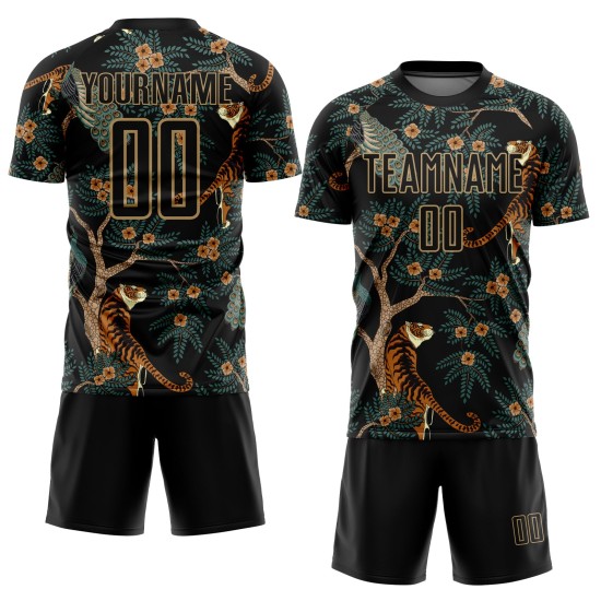 Fußball Sublimation Uniform Custom Tiger Pfau Schwarz Gold Alte Jersey Und