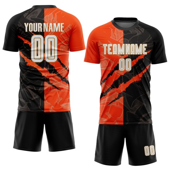 Fußball Schwarz Gold Jersey Muster Weiß Graffiti Orange-Alt Sublimation Scratch Custom Uniform