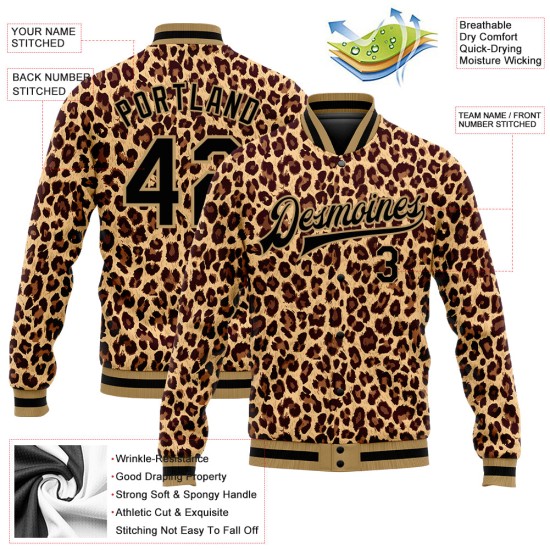 Schwarz-Altbraun Leopard Gold Bomberjacke Muster Full-Snap Varsity Custom Letterman 3D Design Schwarz-Altbraun Leopard Gold Bomberjacke Muster Full-Snap Varsity Custom Letterman 3D Design