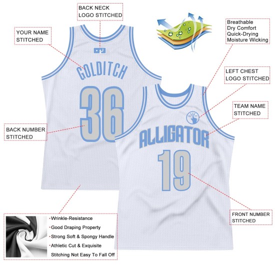 Hellblaues authentisches Basketballtrikot, Weißgrau-Hell, Custom Throwback Hellblaues authentisches Basketballtrikot, Weißgrau-Hell, Custom Throwback