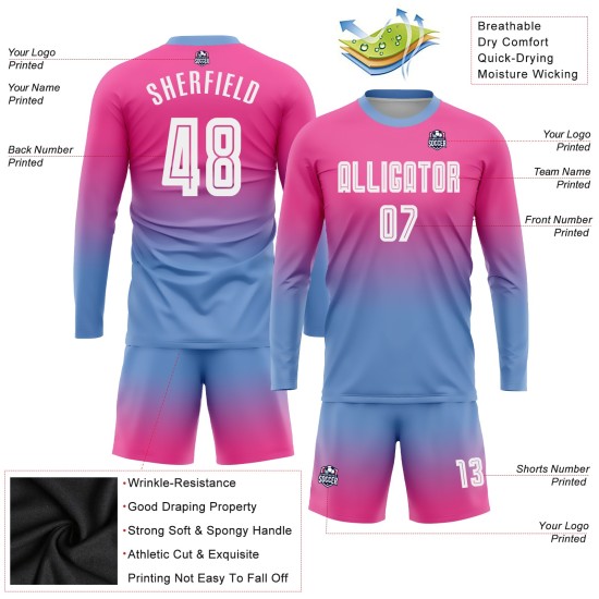 Sublimation Blau Lange Fade Jersey Fußball Weiß-Hellrosa Ärmel Uniform Mode Custom