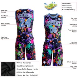 Benutzerdefinierte blau-weiß Basketball Muster Hals Licht rund Graffiti Sublimation Jersey Anzug