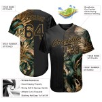 Im authentischen, benutzerdefinierten tropischen Baseball-Design im Dschungel-Hawaii-Stil. Das Trikot hat grüne Blätter und ein goldenes 3D-Muster. Im authentischen, benutzerdefinierten tropischen Baseball-Design im Dschungel-Hawaii-Stil. Das Trikot hat grüne Blätter und ein goldenes 3D-Muster.