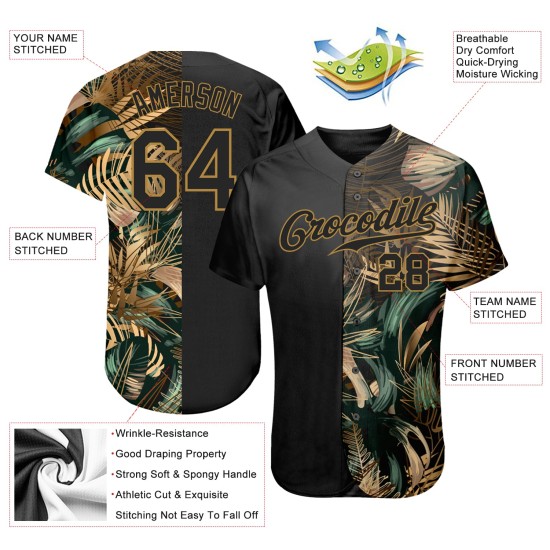 Im authentischen, benutzerdefinierten tropischen Baseball-Design im Dschungel-Hawaii-Stil. Das Trikot hat grüne Blätter und ein goldenes 3D-Muster. Im authentischen, benutzerdefinierten tropischen Baseball-Design im Dschungel-Hawaii-Stil. Das Trikot hat grüne Blätter und ein goldenes 3D-Muster.