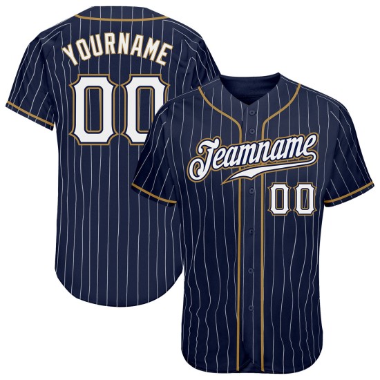 Weiß-Altgold Authentic Custom Baseball Jersey Weiß Nadelstreifen Navy