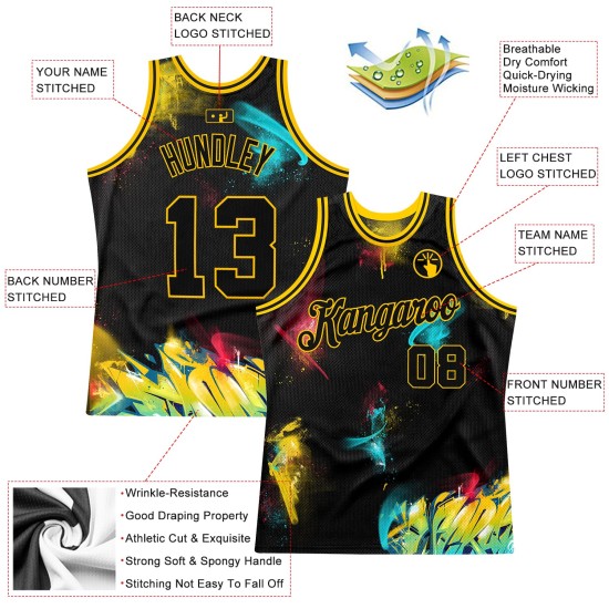 3D Authentic Basketball Jersey Custom Schwarz-Gold Muster Graffiti 3D Authentic Basketball Jersey Custom Schwarz-Gold Muster Graffiti