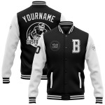 Benutzerdefinierte weiß schwarze Jacke Bomber Varsity Letterman Full-Snap zweifarbig Benutzerdefinierte weiß schwarze Jacke Bomber Varsity Letterman Full-Snap zweifarbig