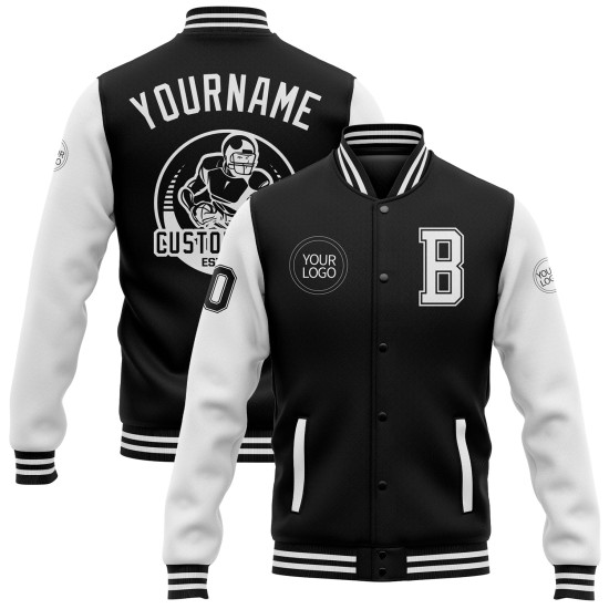 Benutzerdefinierte weiß schwarze Jacke Bomber Varsity Letterman Full-Snap zweifarbig Benutzerdefinierte weiß schwarze Jacke Bomber Varsity Letterman Full-Snap zweifarbig