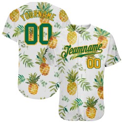 Weißes Hawaii-Ananas-Design, authentisches Kelly-Grün-Gold-Baseball-Trikot, benutzerdefiniertes 3D-Muster