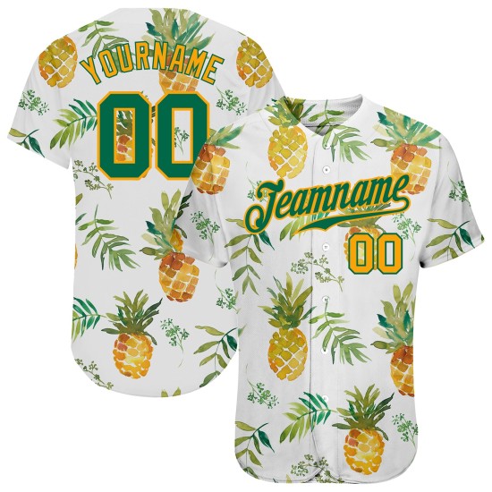 Weißes Hawaii-Ananas-Design, authentisches Kelly-Grün-Gold-Baseball-Trikot, benutzerdefiniertes 3D-Muster Weißes Hawaii-Ananas-Design, authentisches Kelly-Grün-Gold-Baseball-Trikot, benutzerdefiniertes 3D-Muster