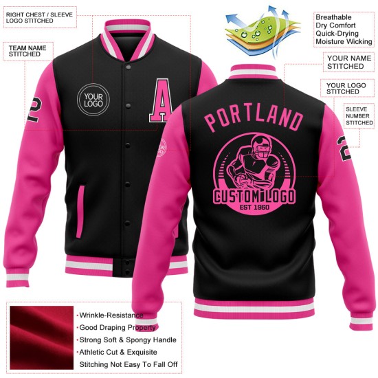 Benutzerdefinierte Full-Snap Pink-Weiß Varsity Zwei Letterman Tone Schwarze Bomberjacke Benutzerdefinierte Full-Snap Pink-Weiß Varsity Zwei Letterman Tone Schwarze Bomberjacke