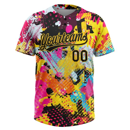 Custom Graffiti Psychedelic Softball Helles 3D Schwarz-Gold Muster Jersey Zwei-Knopf Unisex Custom Graffiti Psychedelic Softball Helles 3D Schwarz-Gold Muster Jersey Zwei-Knopf Unisex