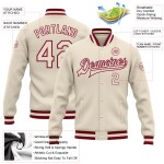 Cremefarbene, kastanienbraune Letterman-Jacke mit durchgehendem Druckknopfverschluss, individuell anpassbar, Bomberjacke, Varsity Cremefarbene, kastanienbraune Letterman-Jacke mit durchgehendem Druckknopfverschluss, individuell anpassbar, Bomberjacke, Varsity